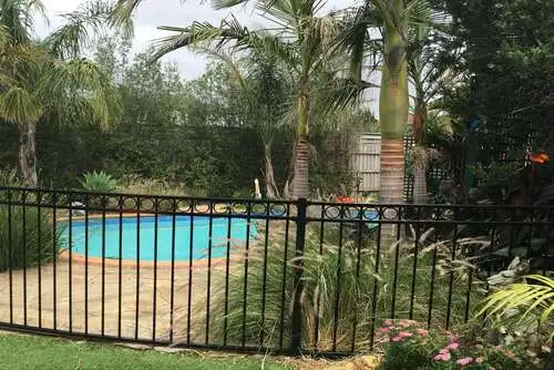 Metal pool fencing around a residential swimming pool